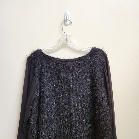 By Chicos Top Womens Size 2 Black Knit with Overlay Fringed on Top Back Slit - Picture 5 of 13